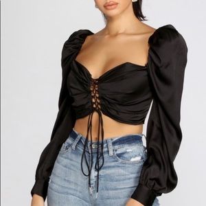Lace up satin cropped puff sleeve crop top